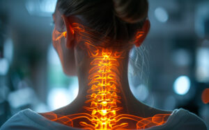 Woman with glowing spine. Woman with neck pain